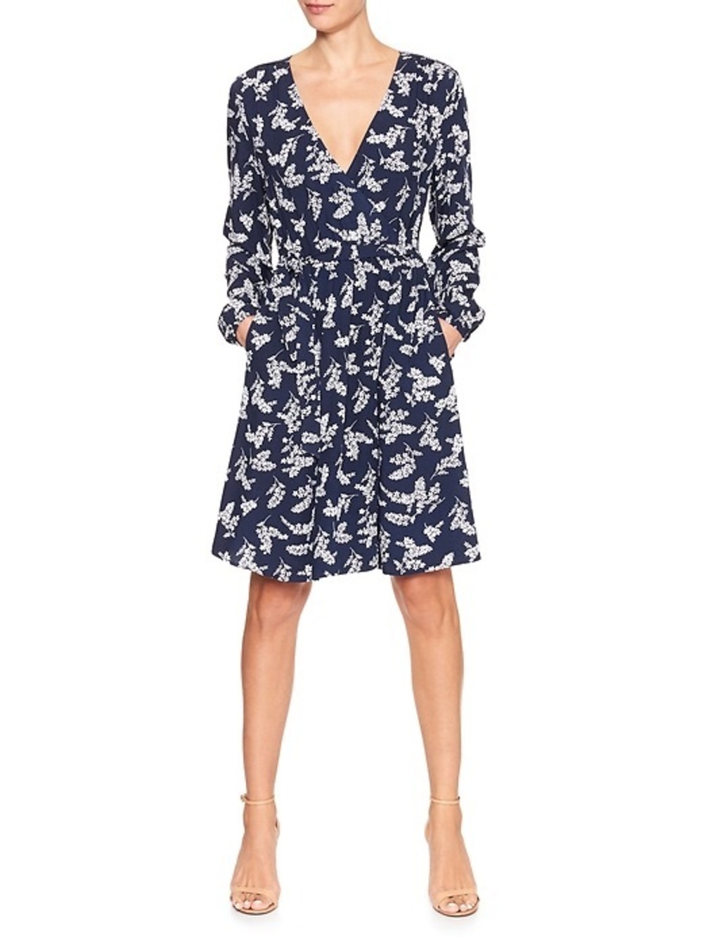 GAP Factory Faux Wrap Dress in Navy “Marine Blue Floral” XS Long Sleeve Pockets